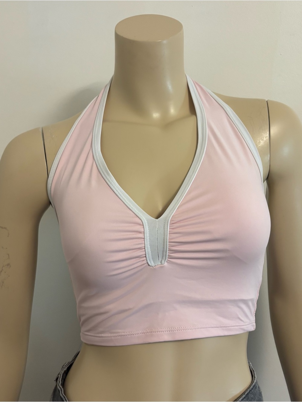Women’s Halter Crop Bralette - Light Pink with White Trim Size Small